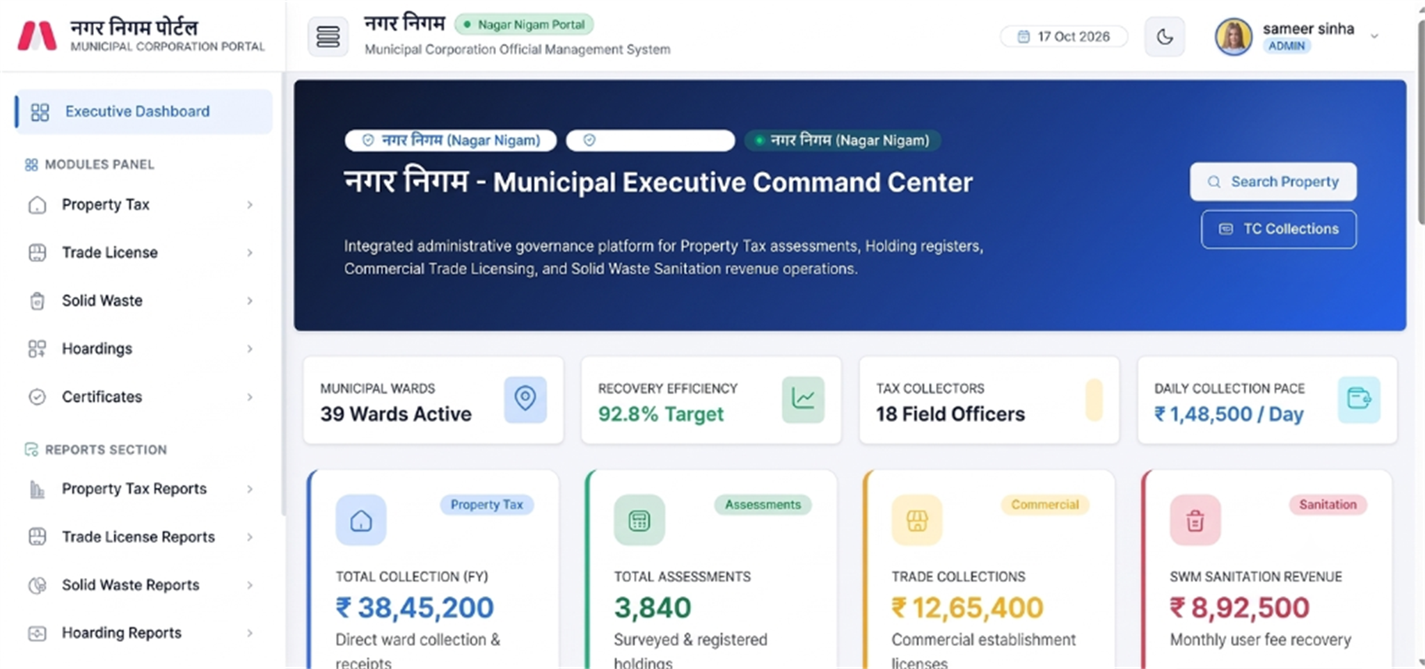 Nagar Nigam Property Tax Collection and Municipal E-Governance Suite software dashboard