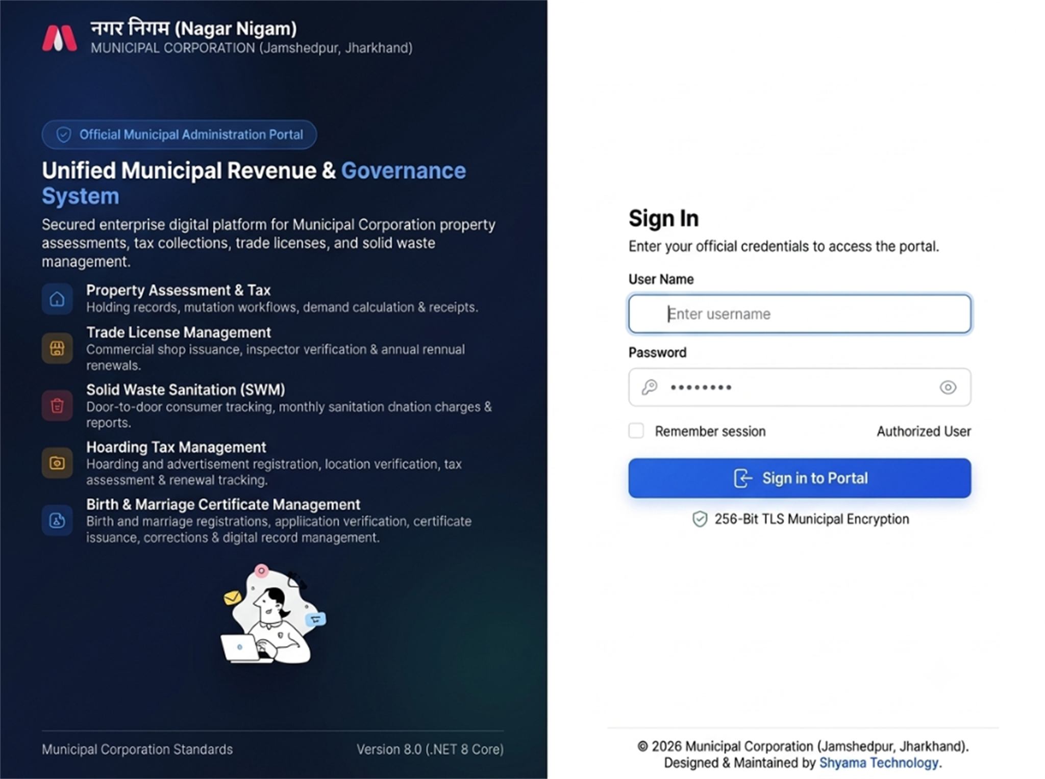 Unified Municipal Revenue & Governance System Portal Login designed and maintained by Shyama Technology